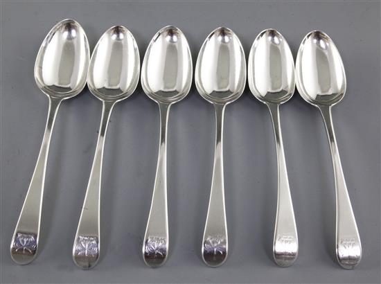 A set of six early George III silver Old English pattern table spoons, Length 8 ¾”/219mm Combined weight 15.2oz/431grms